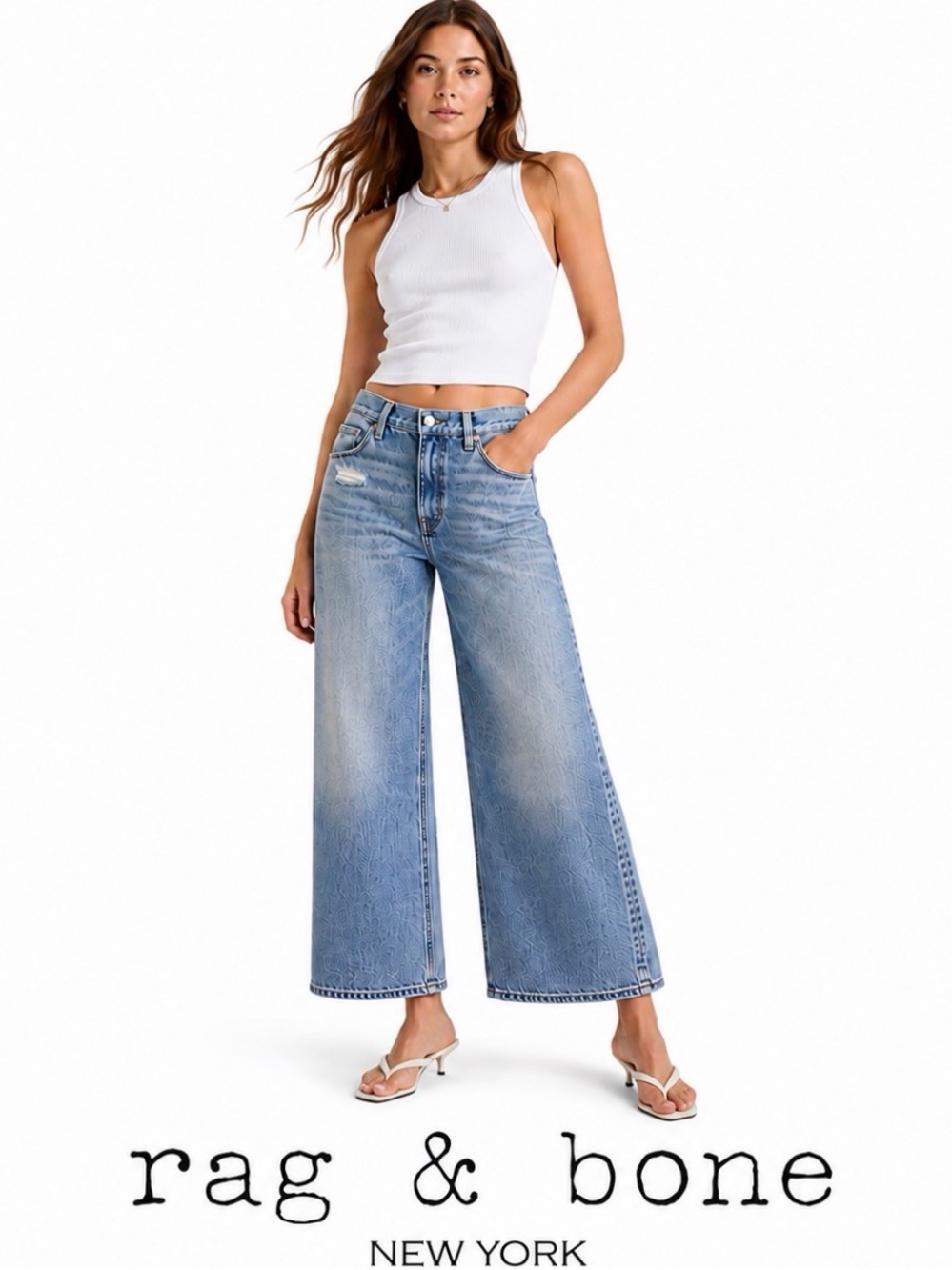 rag & bone Miramar Terry Andi Wide Pant Faux Denim Wide Leg Blue 25 100% Cotton